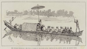 De Birma expeditie, de Woon van Bhamo in zijn staatskano door Melton Prior